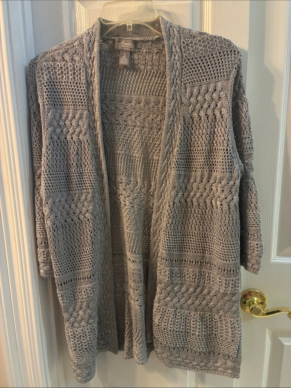 Chico's Metallic Silver  Gray Open Knit Long Cable Cardigan Sweater SZ 2/L